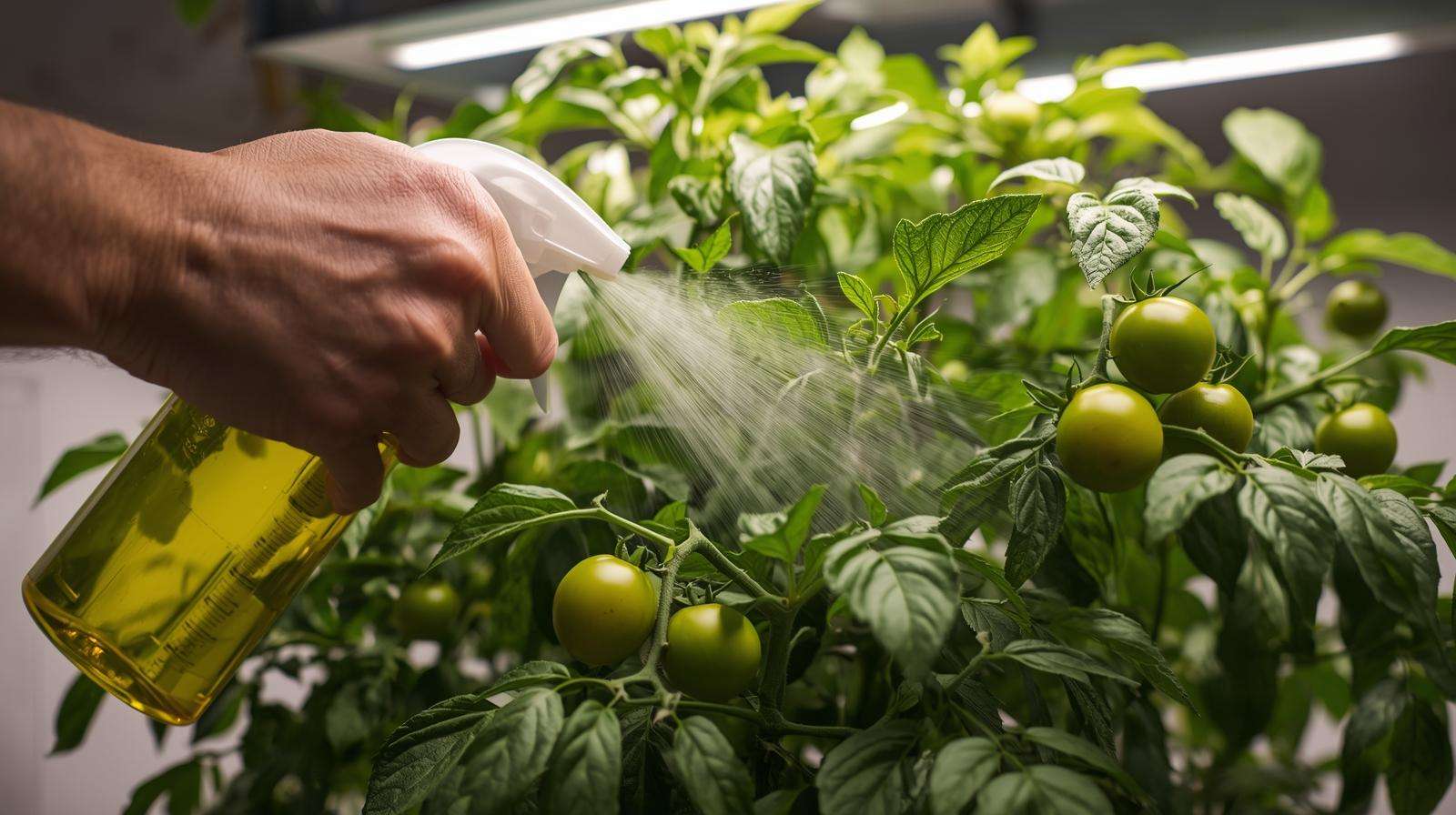 Gardener applying neem oil to a healthy tomato plant under grow lights to prevent pests in an indoor setup.