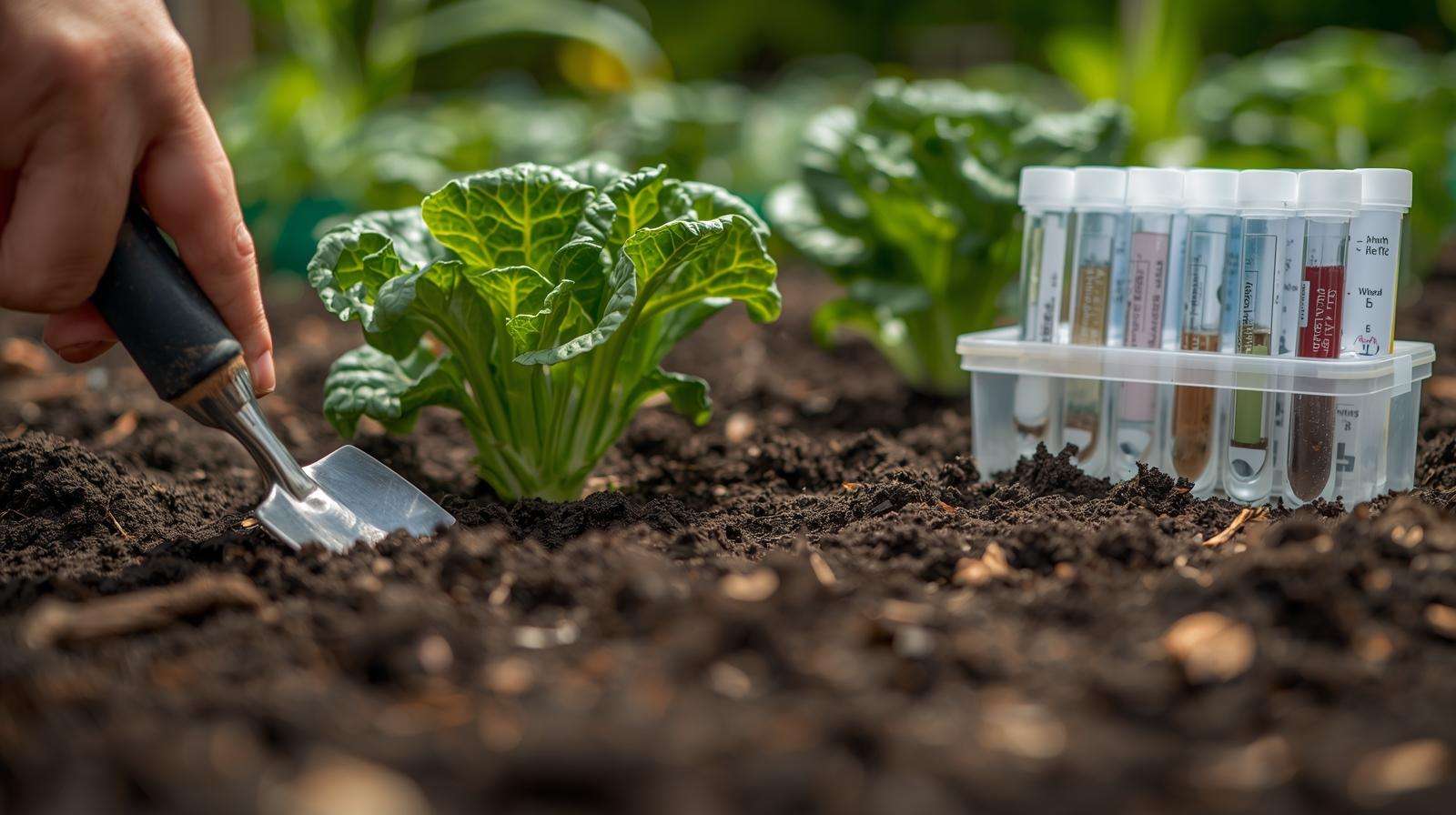 Soil testing process with trowel and test kit near kale plants, supporting effective use of 20-10-10 fertilizer for leafy growth.