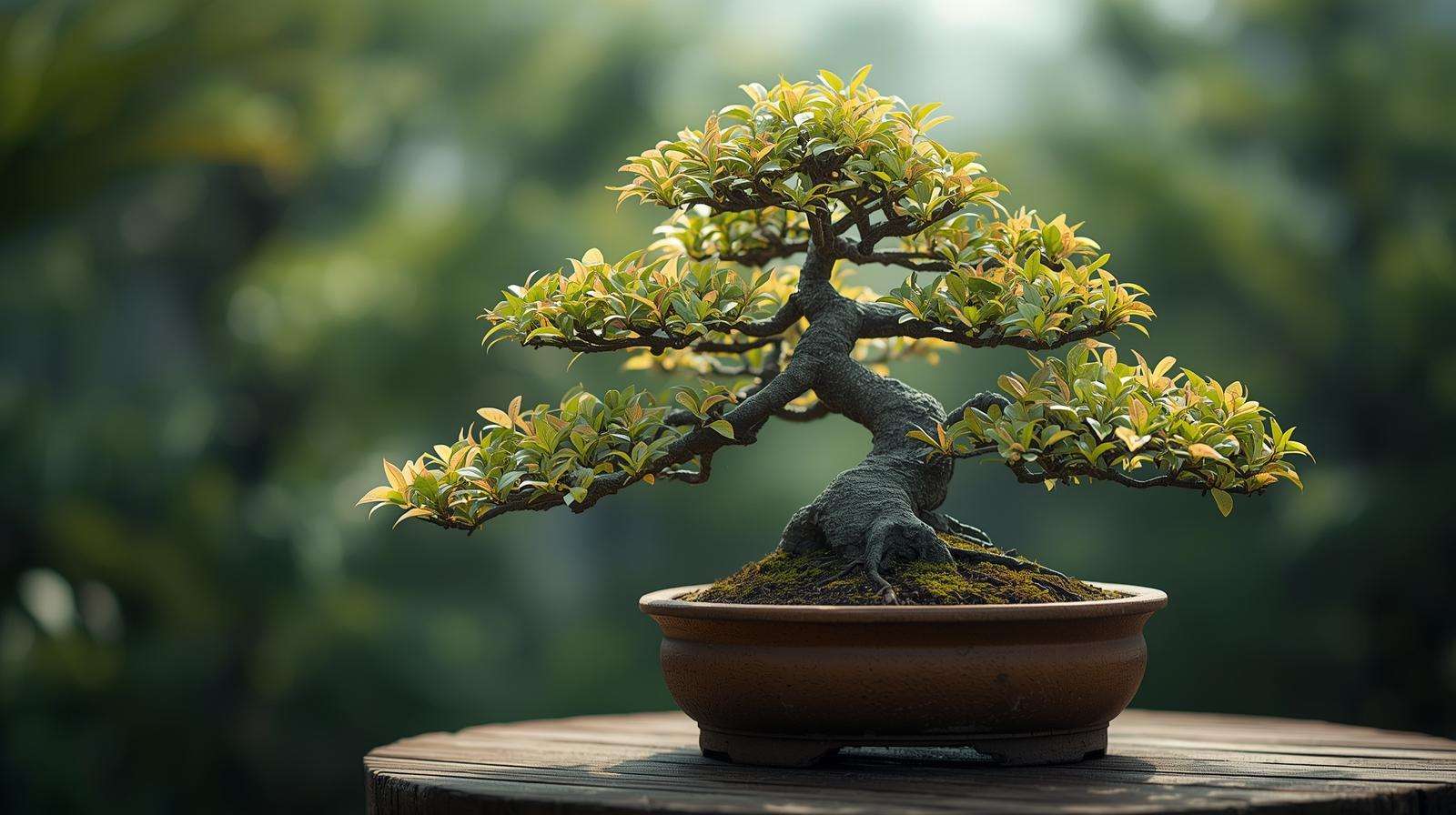 Close-up of a bonsai tree showing yellowing leaves due to nutrient deficiency, in a ceramic pot on a wooden table.