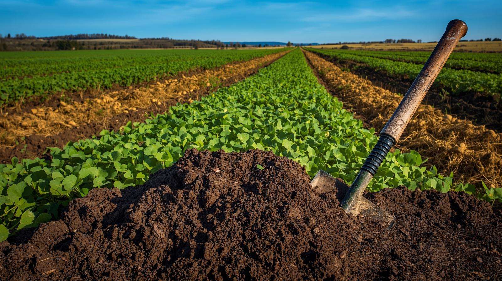 Clover cover crop and compost in potato field for organic potato fertilizer enhancement.