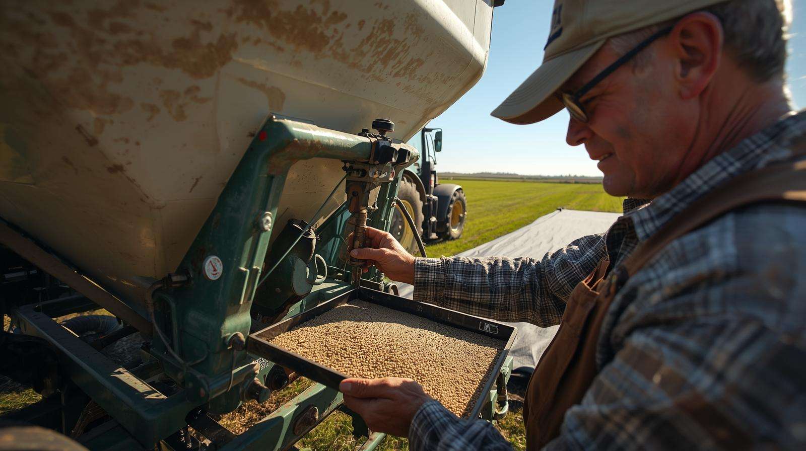 Farmer calibrating a 3 point fertilizer spreader with a tray and tarp, ensuring accurate nutrient distribution for crops.