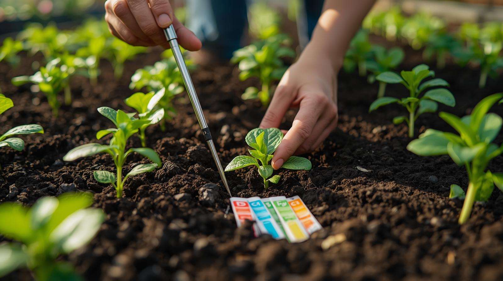 Soil testing for nutrients before applying 16-16-16 fertilizer in a garden
