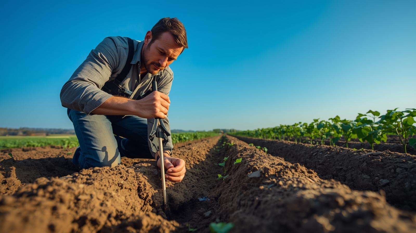 Farmer collecting soil sample with probe in potato field for potato fertilizer testing.