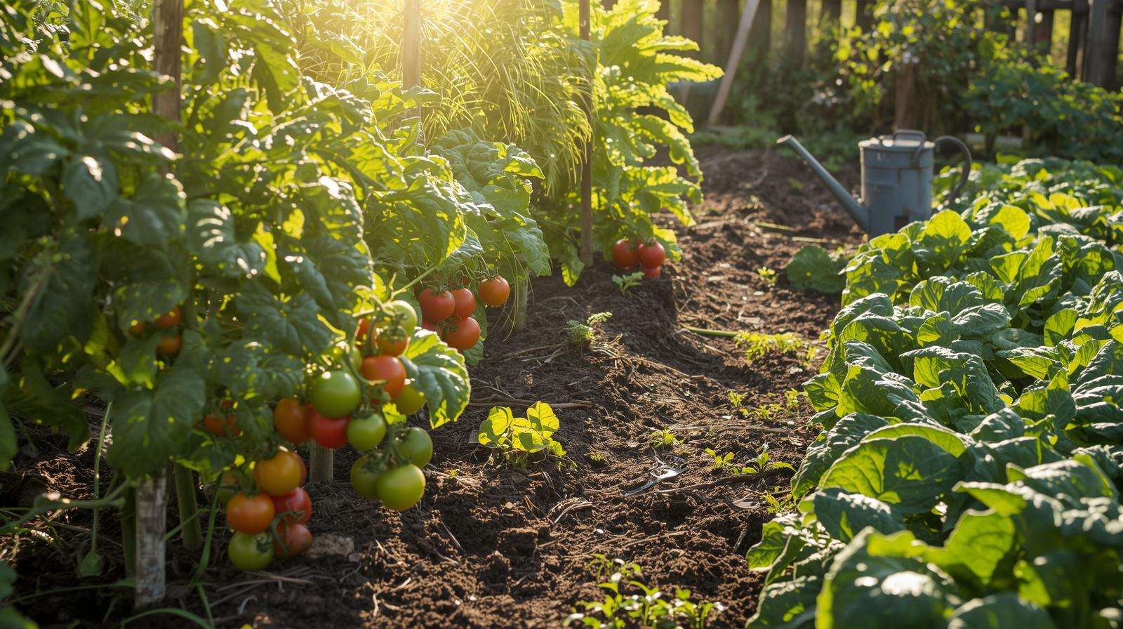 Healthy vegetable garden with tomatoes and greens thriving from composted cattle manure fertilization.
