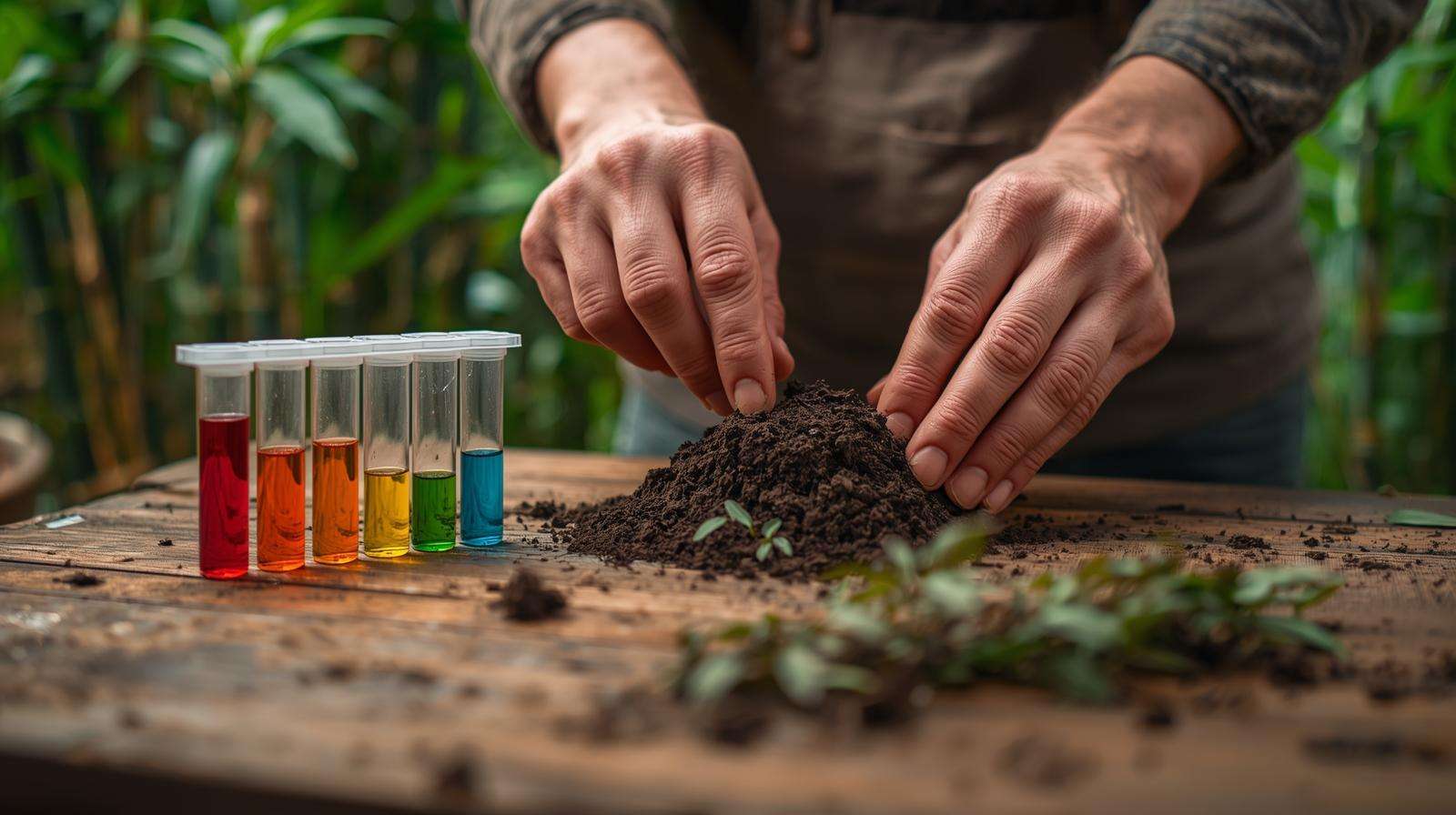 Soil test kit analyzing nutrient levels for bamboo fertilizer application, with healthy bamboo plants in the background.