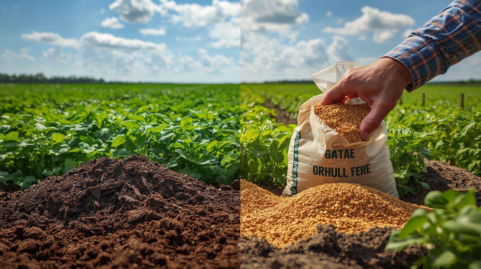 Split view of organic compost and synthetic potato fertilizer in a potato field.