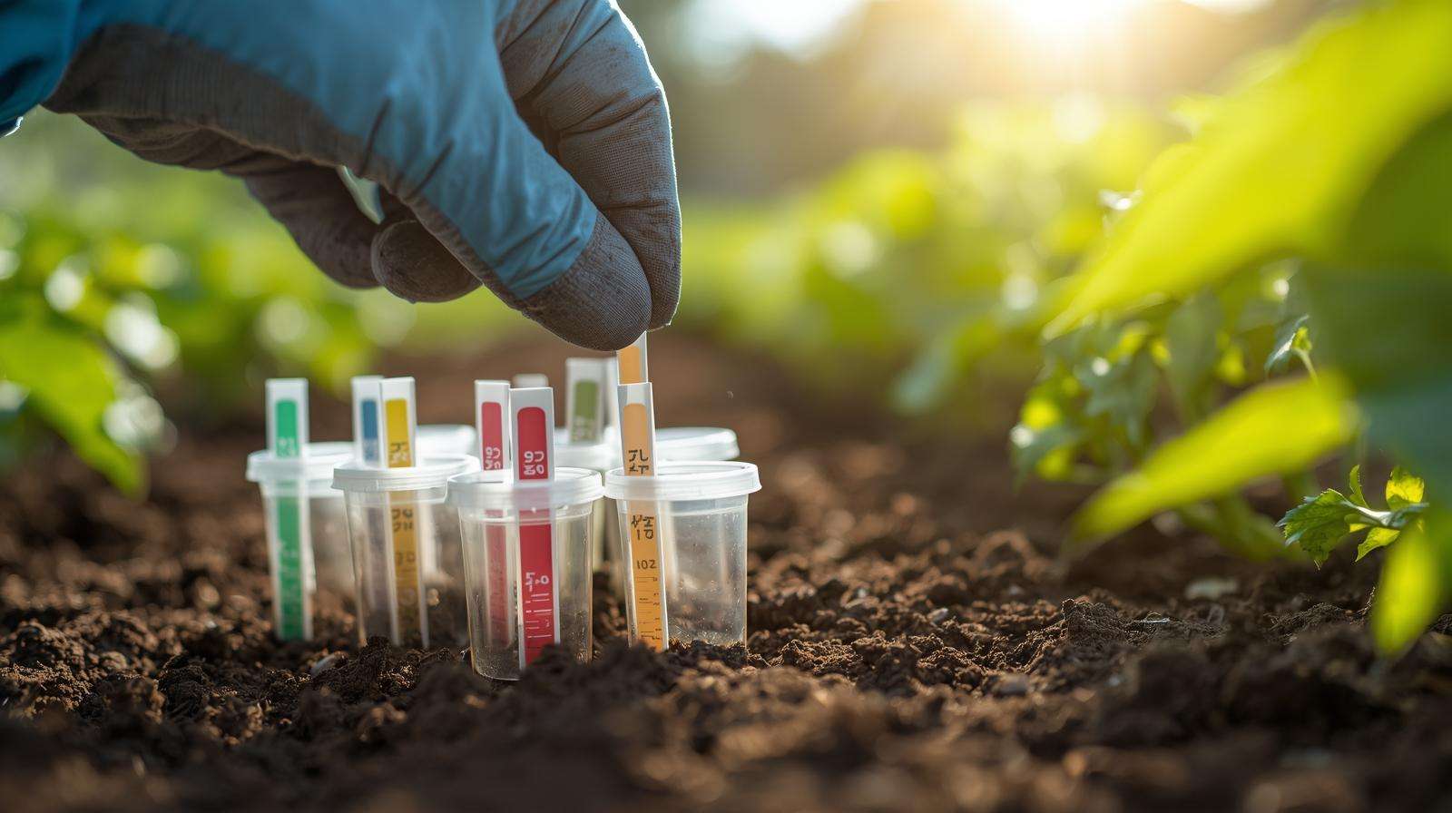 Close-up of soil testing in a summer garden with a test kit and healthy crops in the background.