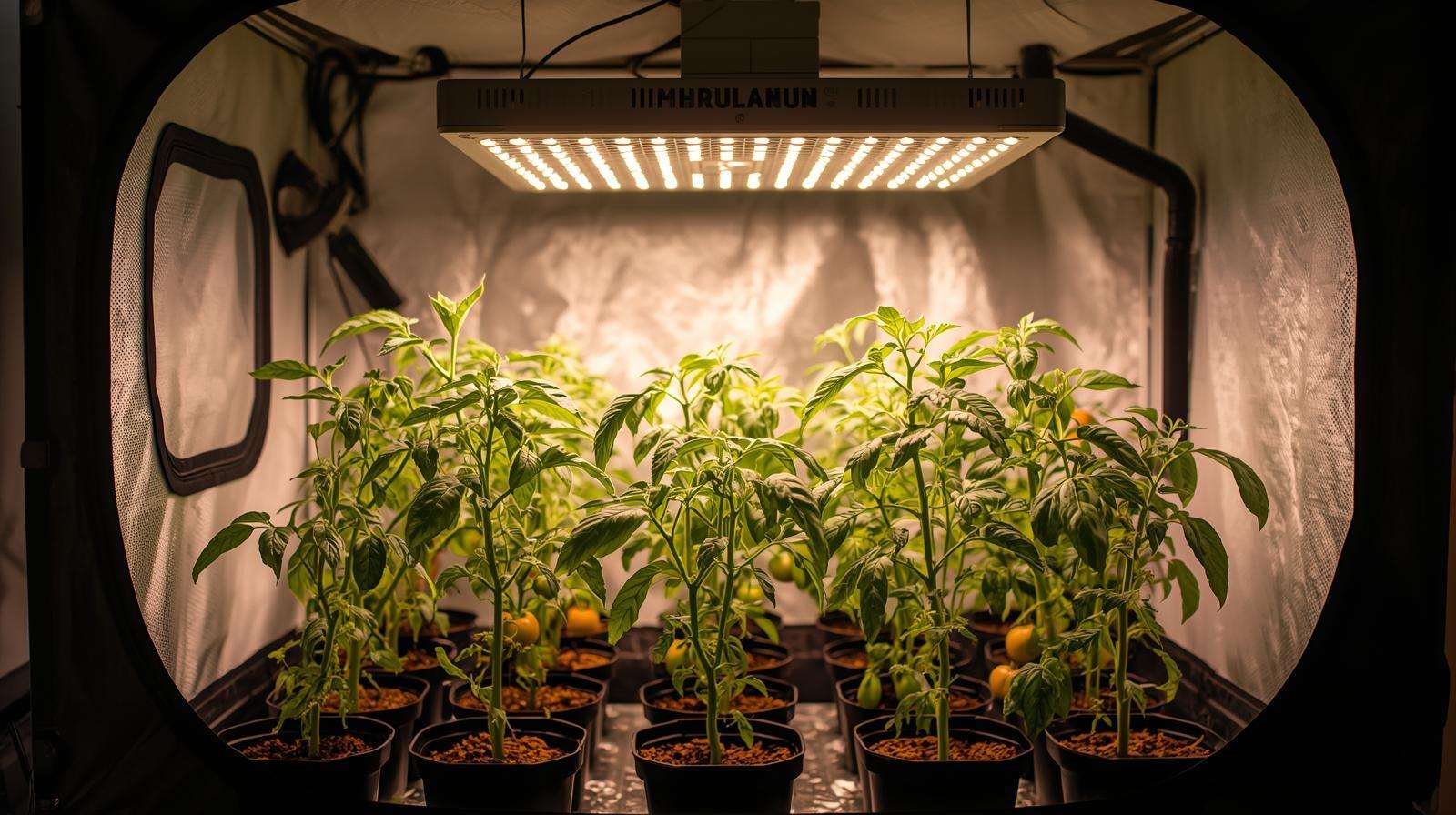 Indoor tomato garden with LED grow light, ventilation fan, and healthy plants in a reflective grow tent setup.