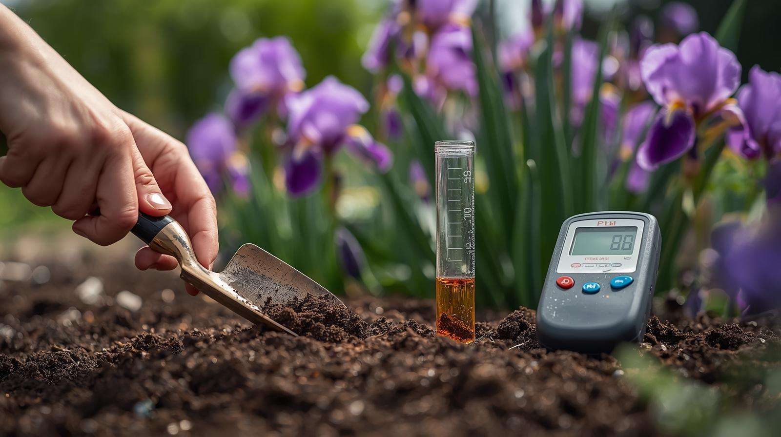Gardener testing soil pH near iris plants to determine the best iris fertilizer for optimal growth.