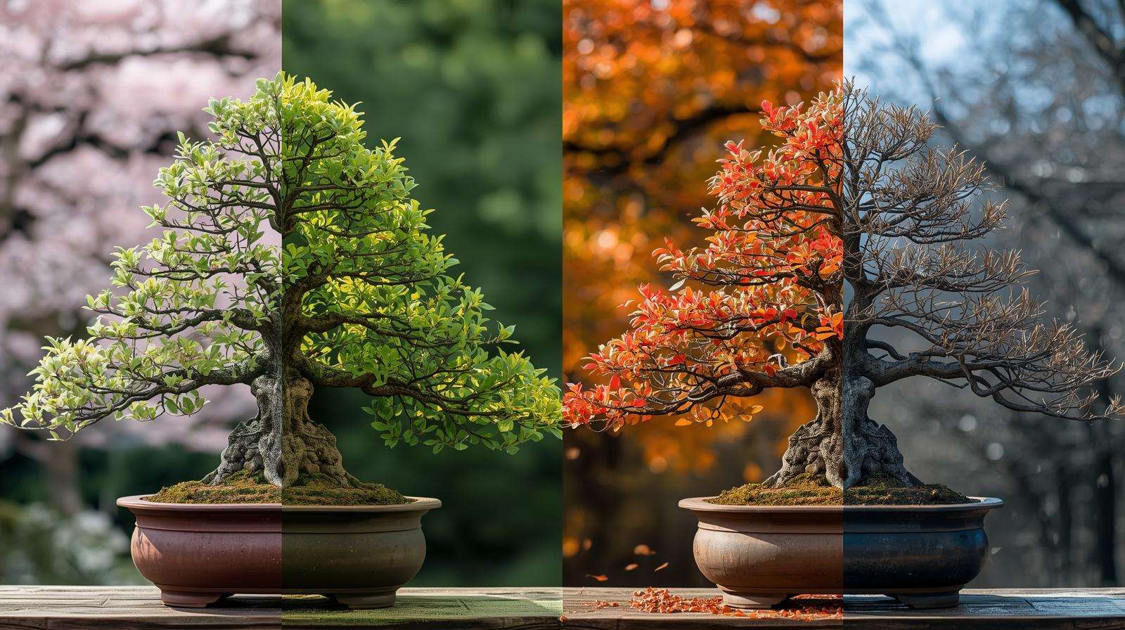 Four bonsai trees in a 16:9 frame, each depicting spring buds, summer foliage, fall colors, and winter dormancy.