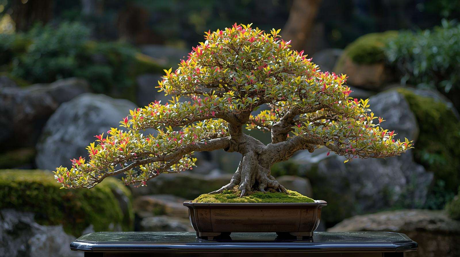 Vibrant bonsai tree with lush foliage on a stone table, showcasing healthy growth in a garden setting.