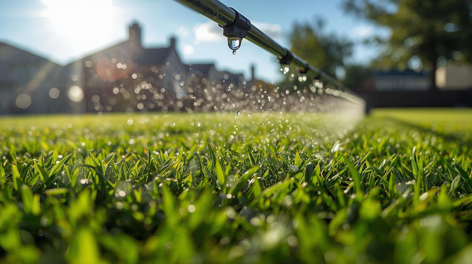 Drip irrigation system watering a Bermuda grass lawn, optimizing nutrient uptake for 20-10-10 fertilizer in sustainable lawn care.