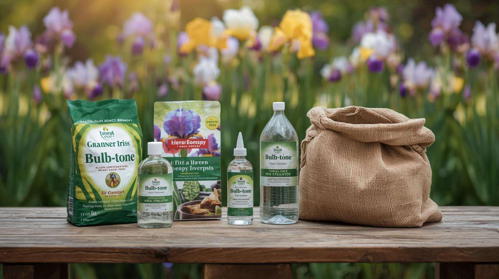 Display of granular, liquid, and organic iris fertilizer products on a garden table, ideal for healthy iris blooms.