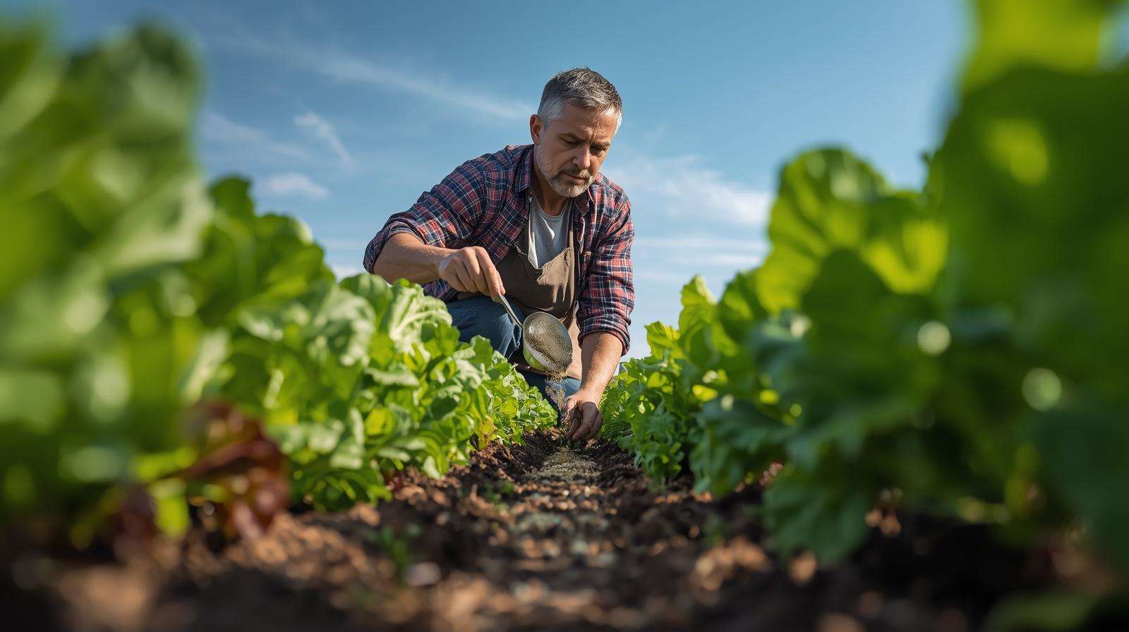 Gardener side-dressing 20-10-10 fertilizer around lettuce plants, promoting lush leafy growth in a vibrant garden.