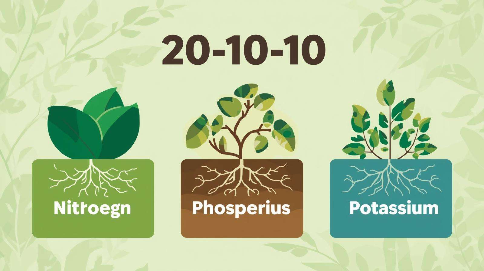 Infographic showcasing nitrogen, phosphorus, and potassium in 20-10-10 fertilizer, highlighting leafy growth with vibrant plant icons.