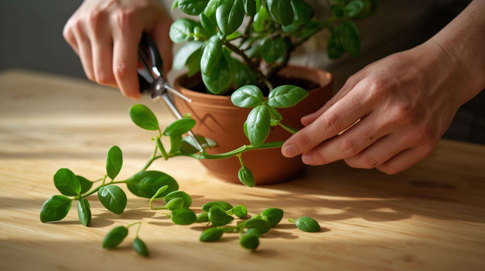 Pruning a jade tree with shears to shape and encourage bushy growth in a pot.