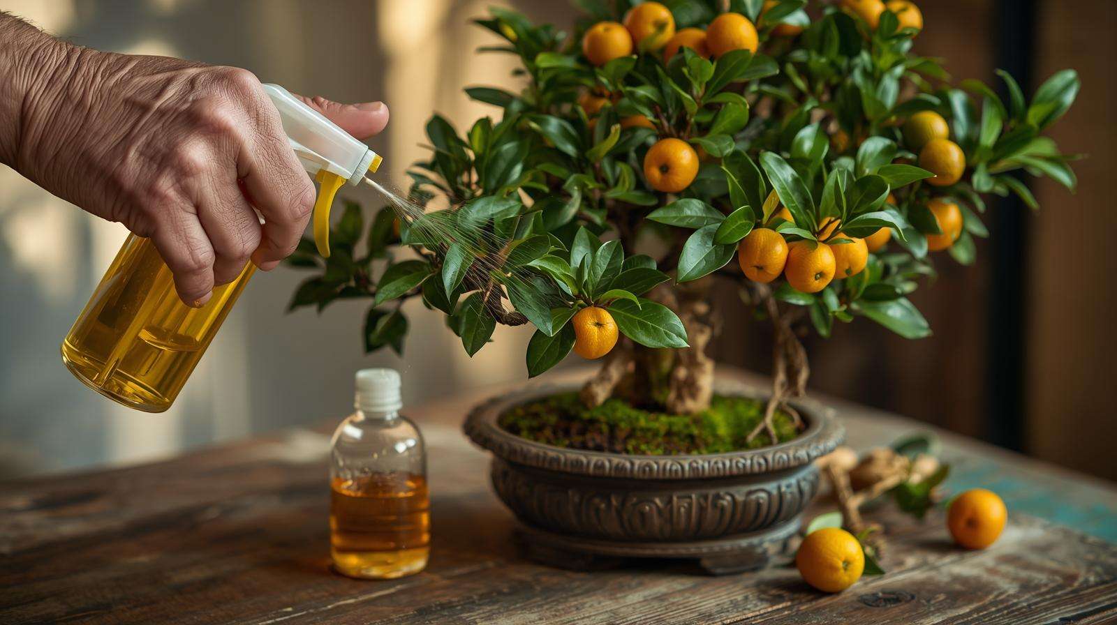 Bonsai tools including shears, cutters, wire, and soil mix with a citrus bonsai fruit tree in the background.