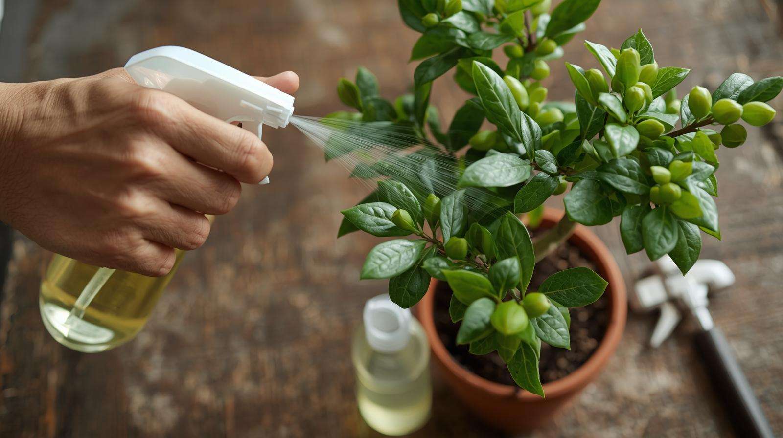 Applying neem oil to a jade tree to manage pests, with healthy leaves in a pot.
