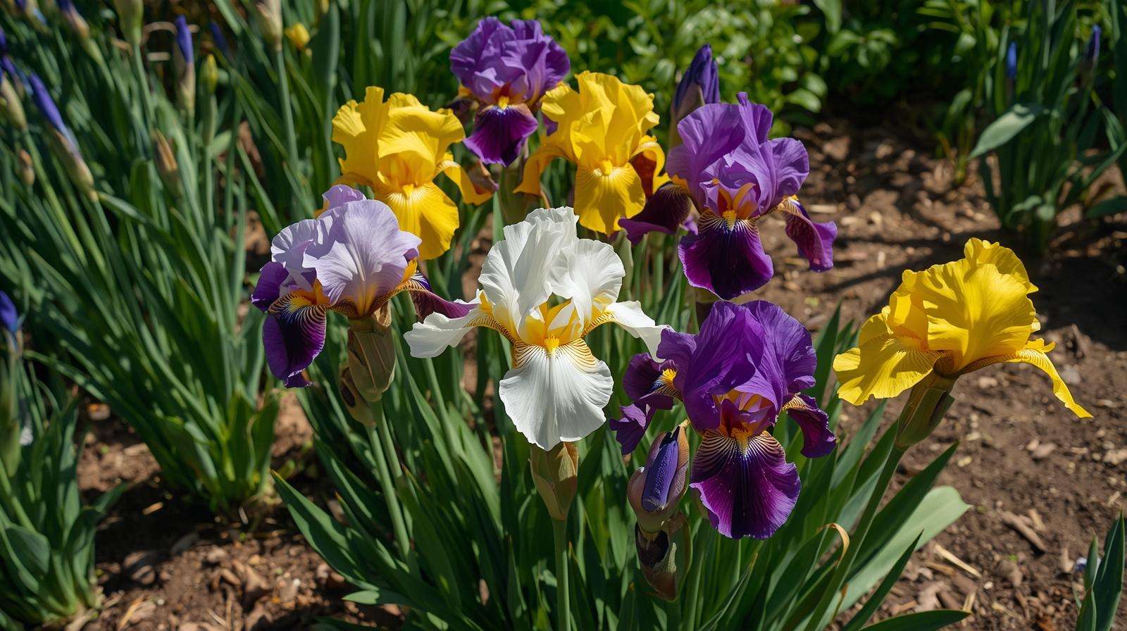 Vibrant purple, white, and yellow iris flowers blooming in a garden, showcasing the benefits of proper iris fertilizer.