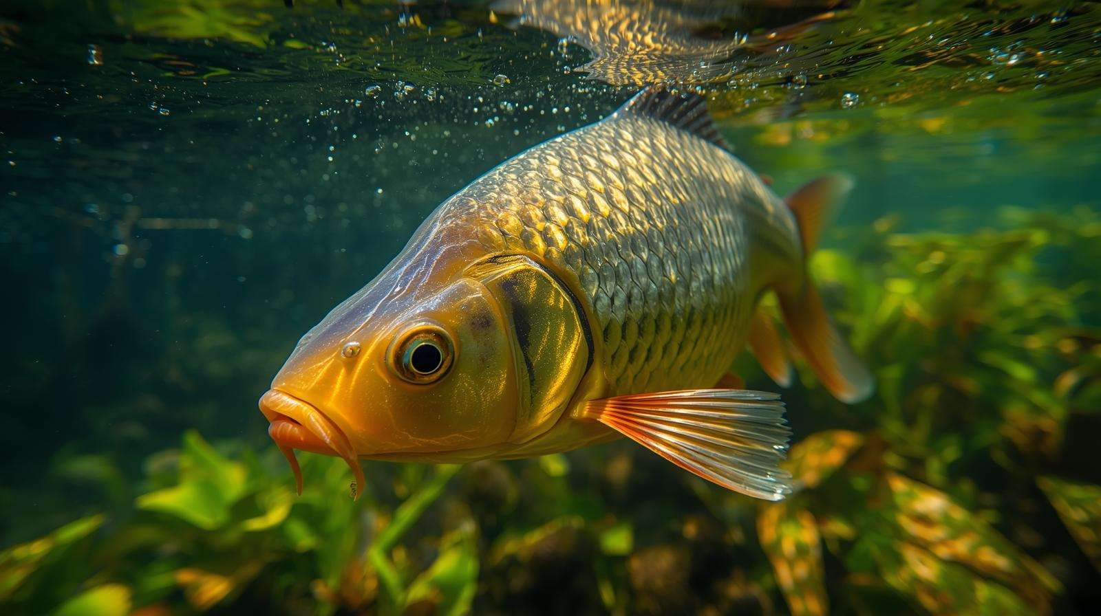 Healthy carp in a clear pond, highlighting freshwater fish survival for how long do fish live out of water.