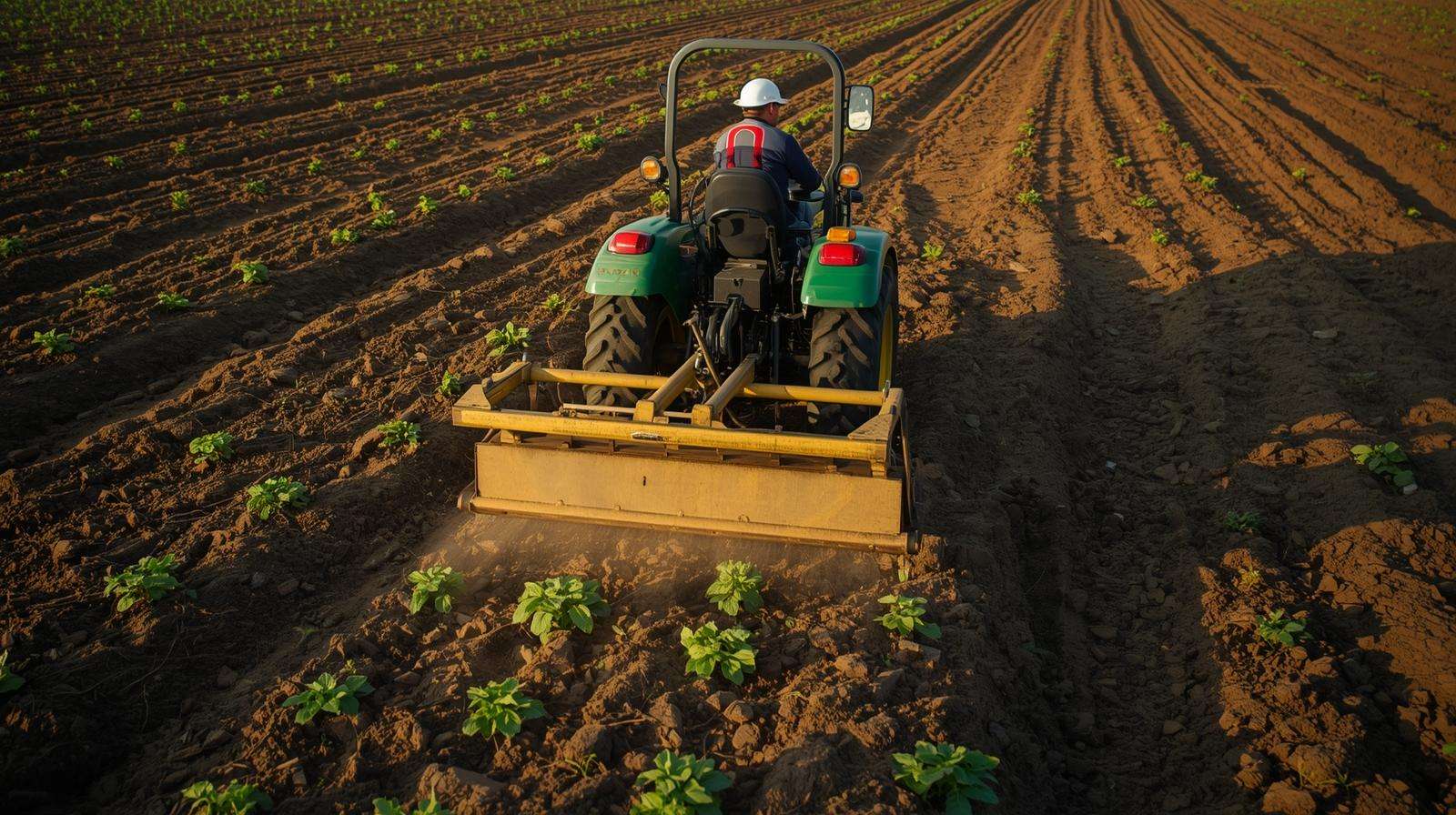 Farmer applying potato fertilizer during side-dressing in a potato field at sunset.