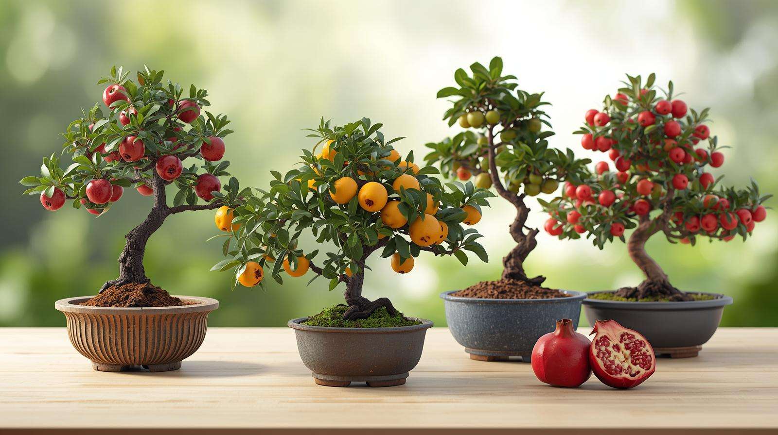 Dwarf apple, citrus, fig, and pomegranate bonsai fruit trees in pots, displaying vibrant fruits and lush foliage.