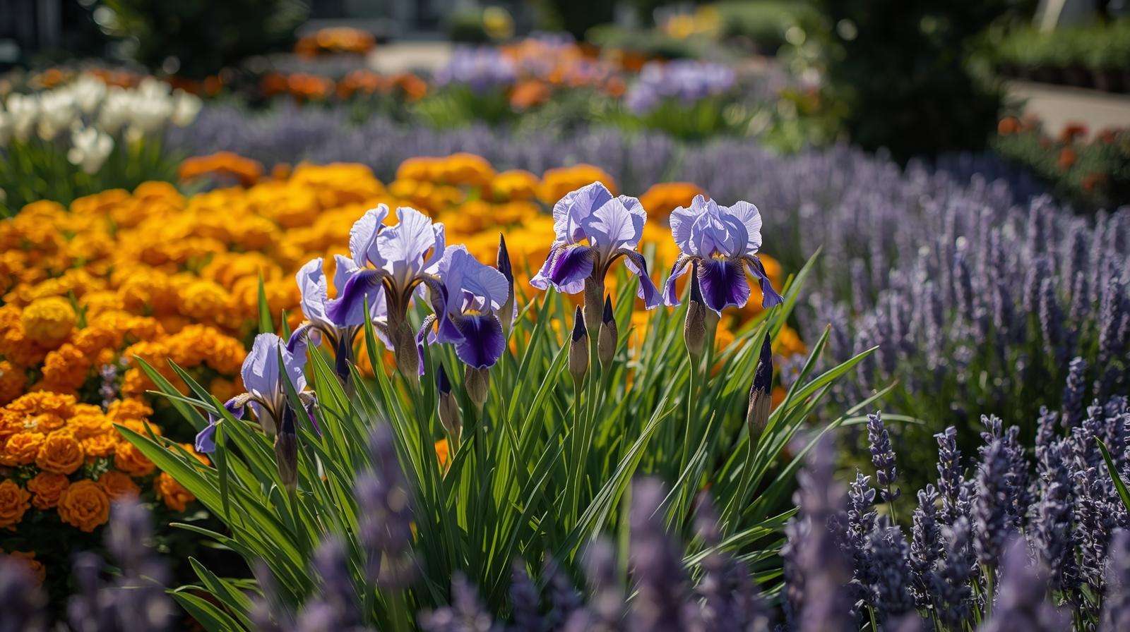 Irises blooming alongside marigolds and lavender in a garden, enhancing soil health with proper iris fertilizer.