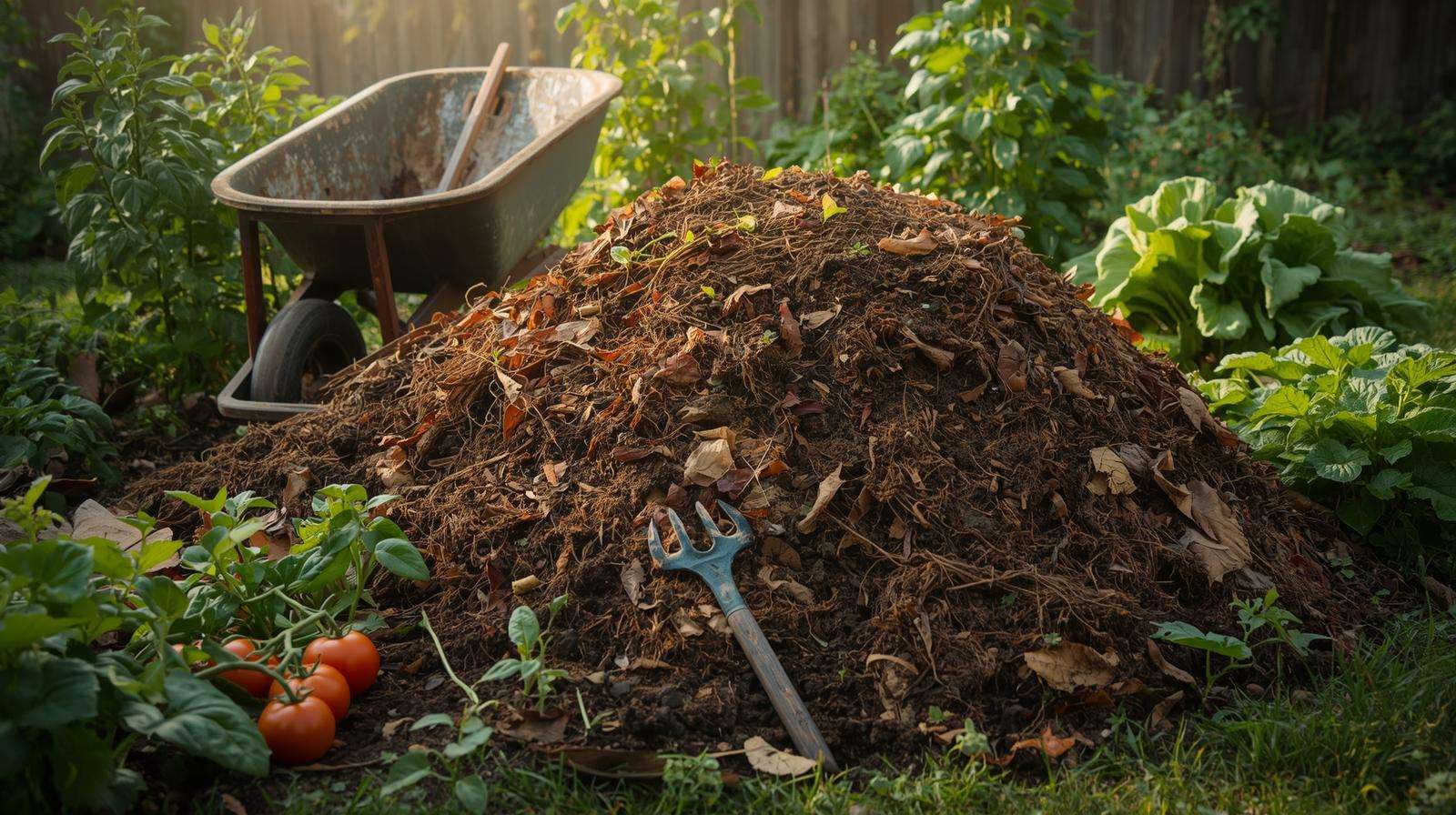 Compost pile in a lush garden with healthy vegetables, showcasing organic plant food benefits.