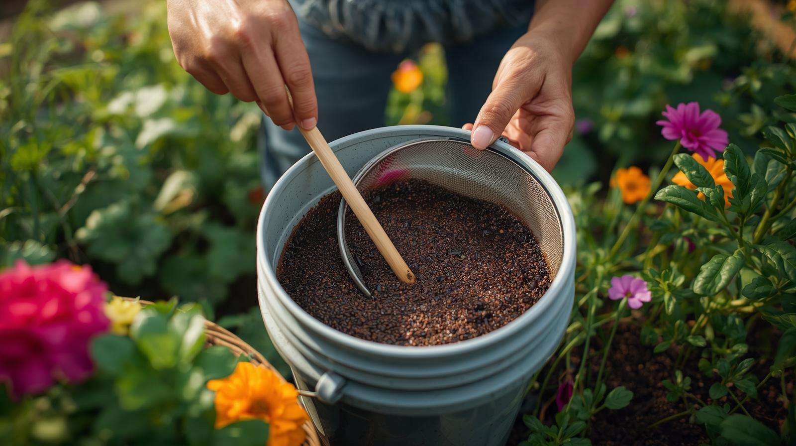 Preparing compost tea with fork manure to boost plant growth in a sustainable garden.