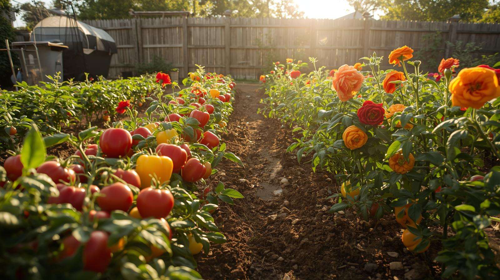 Vibrant vegetable garden with tomatoes and roses nourished by onion fertilizer, showcasing eco-friendly gardening.