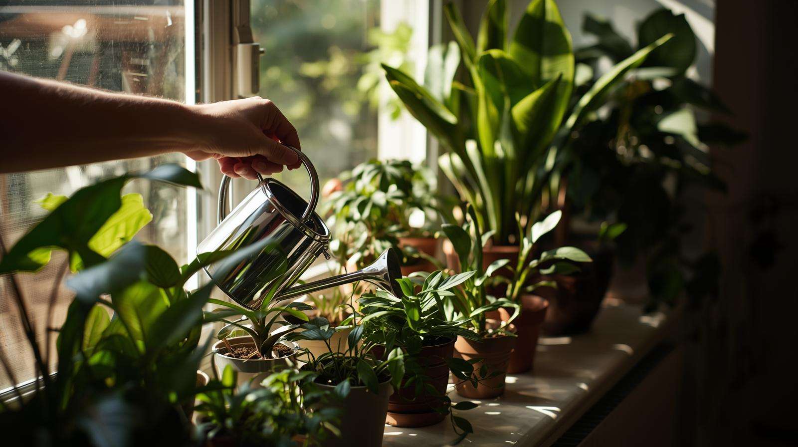 Person watering indoor tropical plants with room-temperature water near a sunny window.