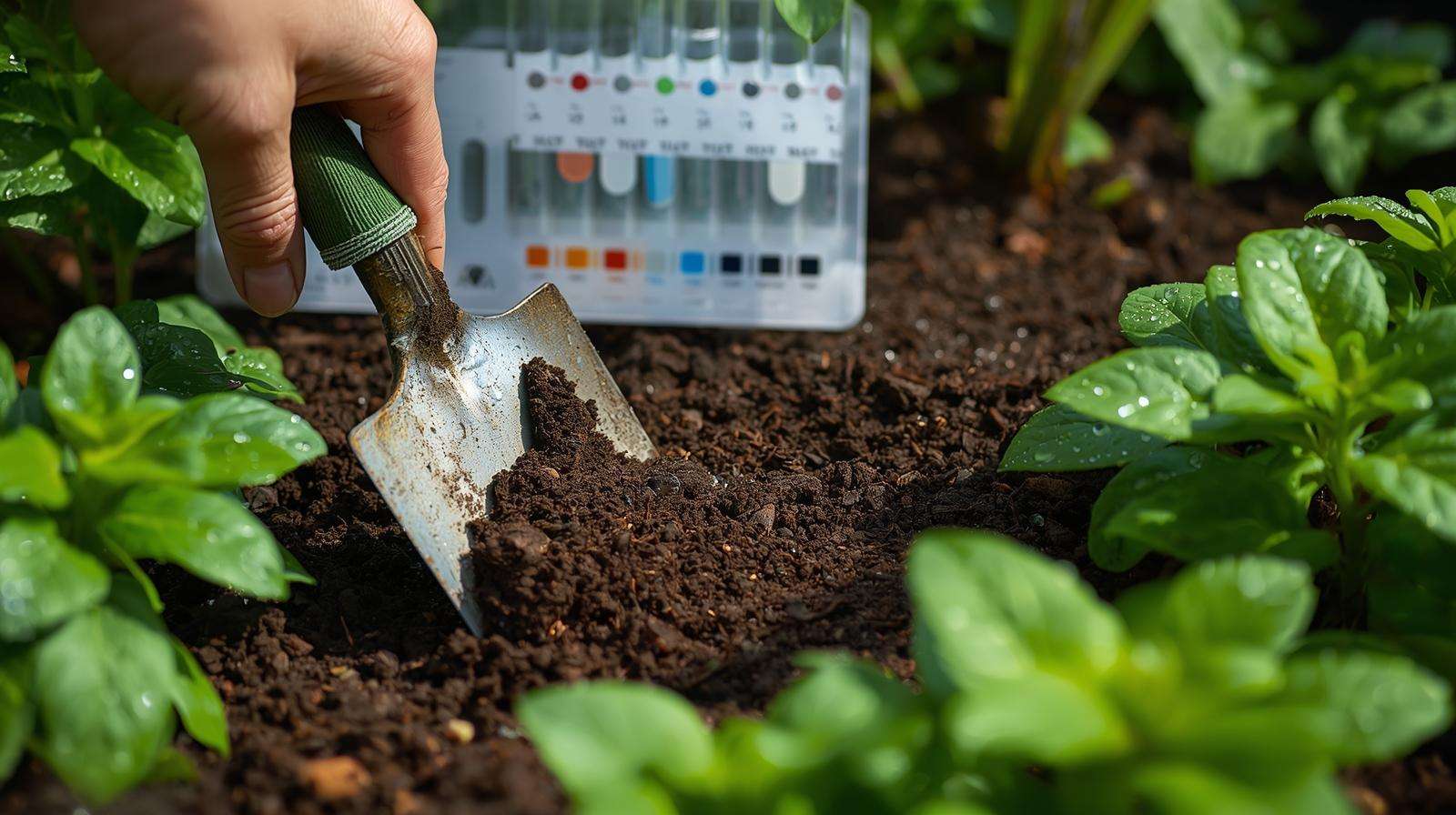 Close-up of soil testing process with a trowel and test kit, highlighting soil analysis for 19 19 19 fertilizer application.