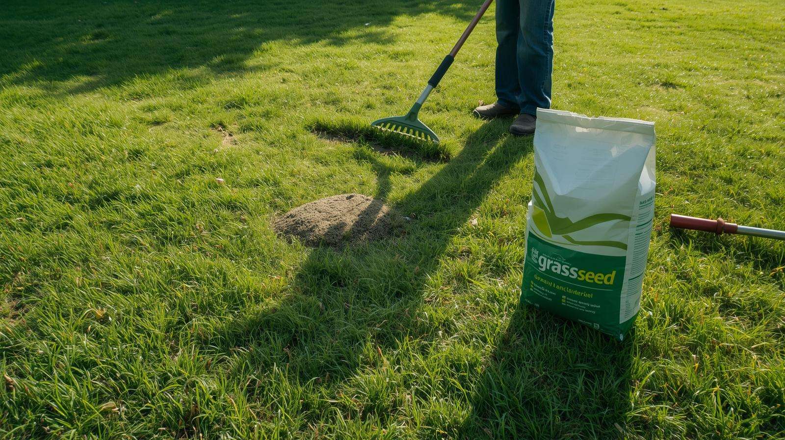 Gardener overseeding a patchy lawn with a handheld spreader, applying grass seed to restore a lush yard.