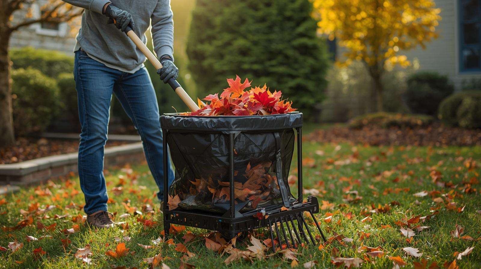 Gardener raking leaves into a pop-up lawn leaf bag in a small urban yard under soft autumn light.