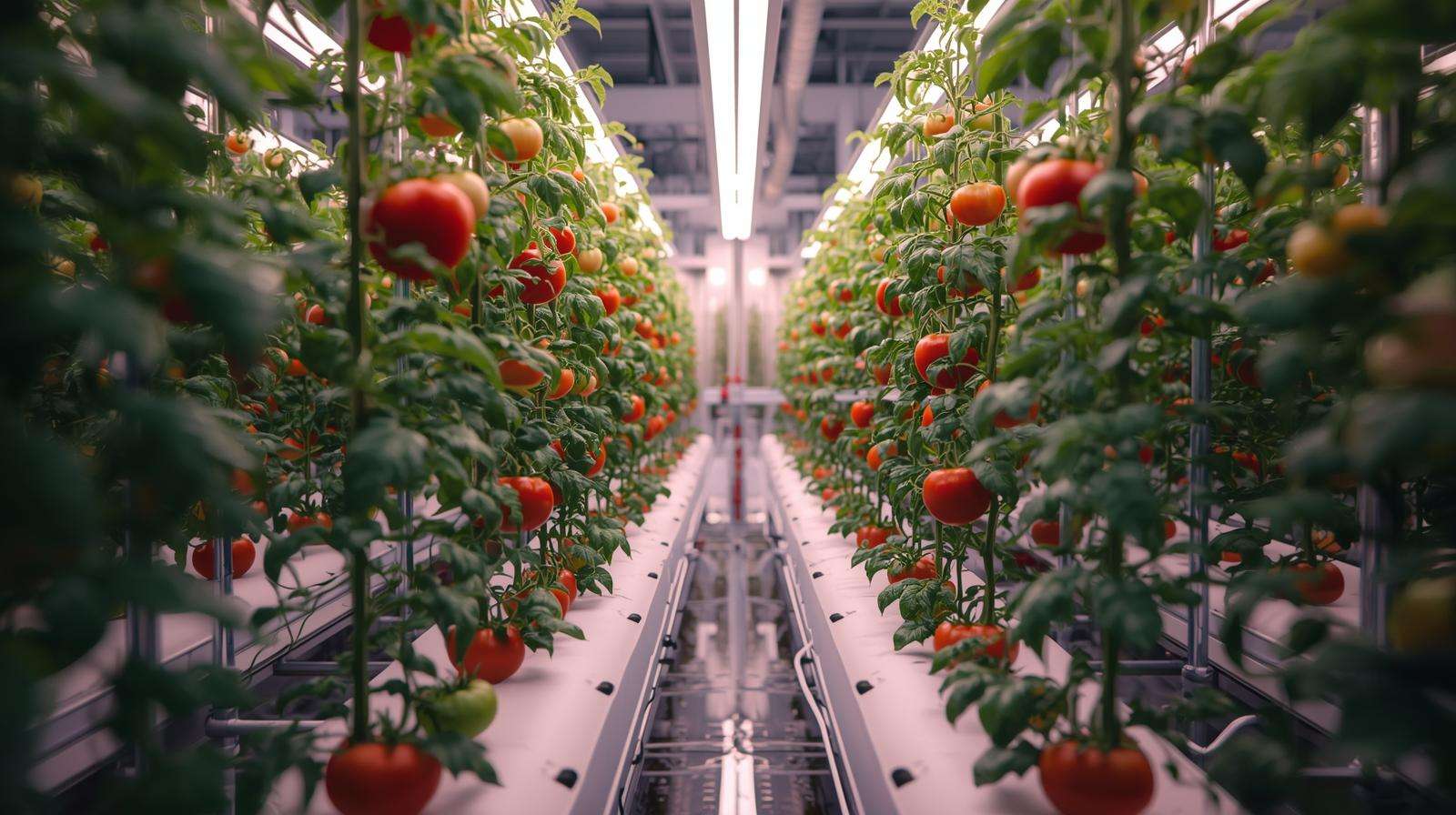 Hydroponic tomato garden with LED grow lights, featuring lush plants and ripe tomatoes in a nutrient film technique system.