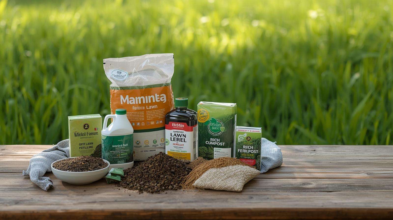 Lawn fertilizers, including granular, liquid, and organic types, displayed on a wooden table with a green lawn in the background.