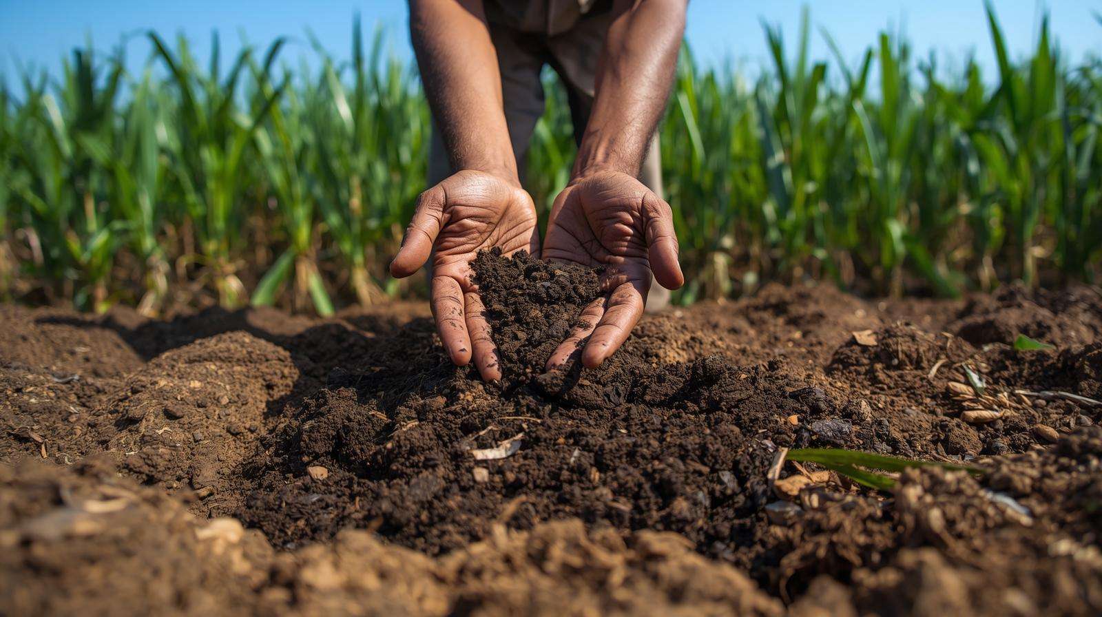 Farmer spreading organic compost in a sugarcane field, promoting soil health for organic brown sugar production.