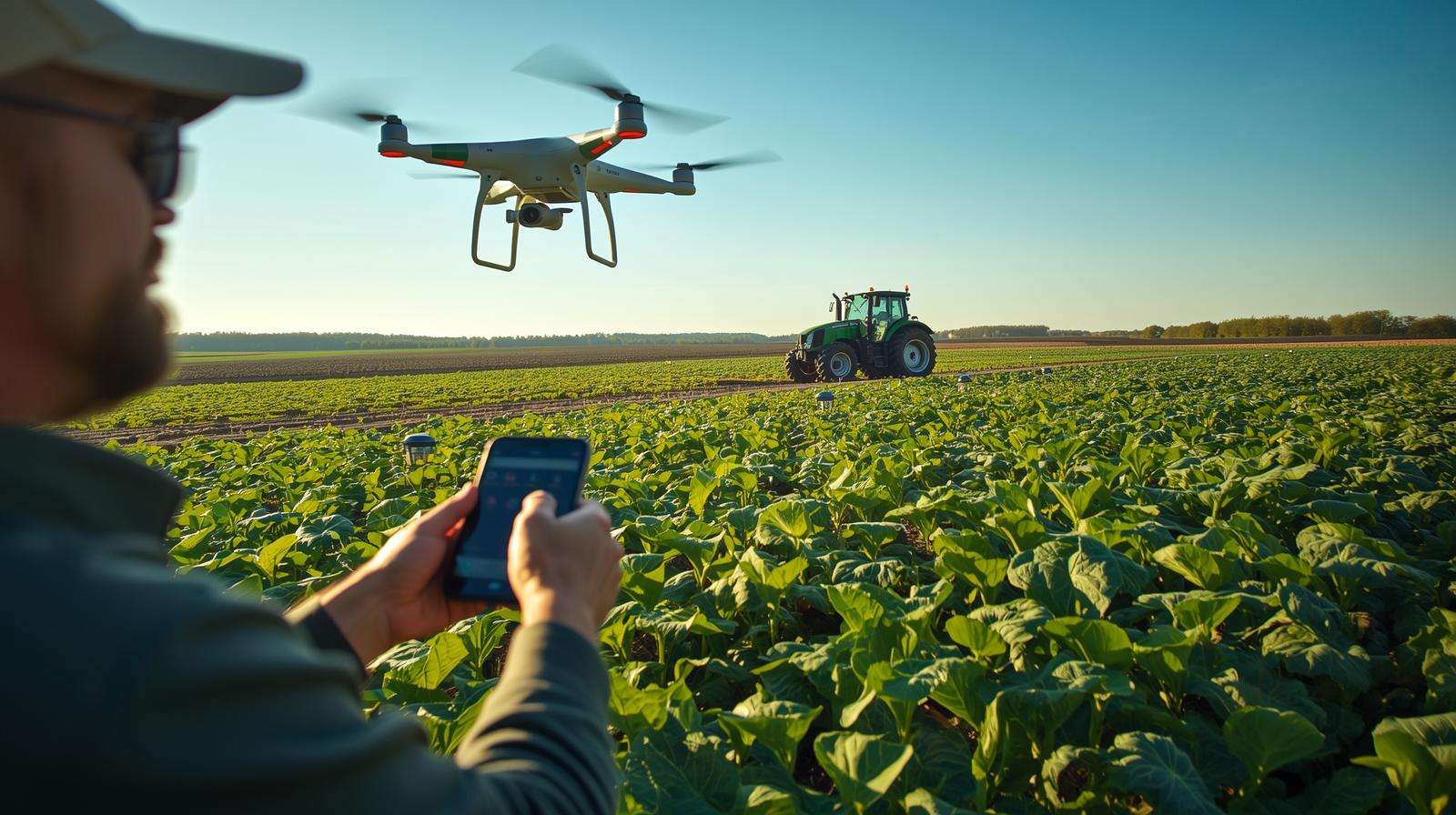 Farmer using a drone and soil sensors for Fertilizer 12 precision application in a soybean field