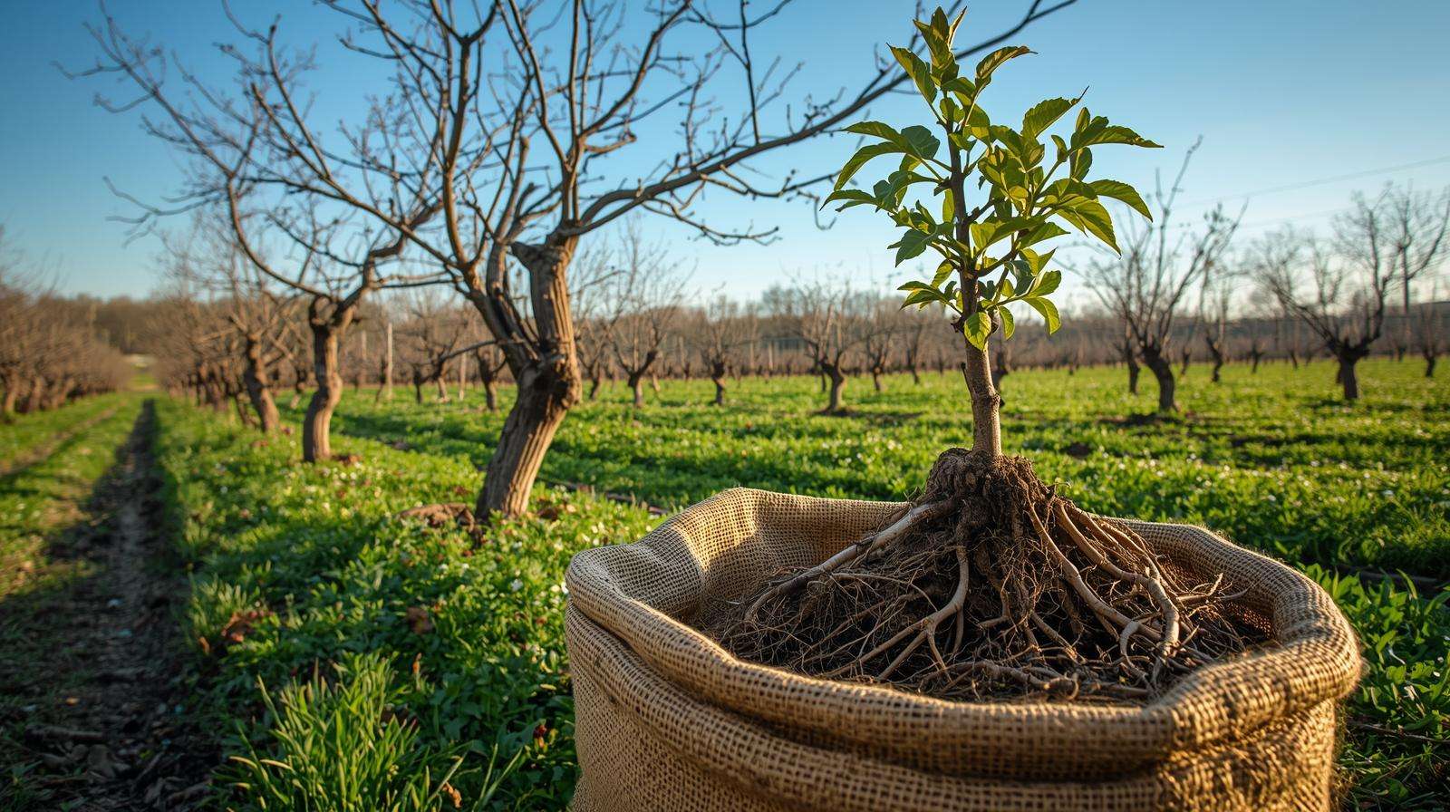 Young bare root fruit trees in an orchard with healthy roots, showcasing sustainable planting benefits.