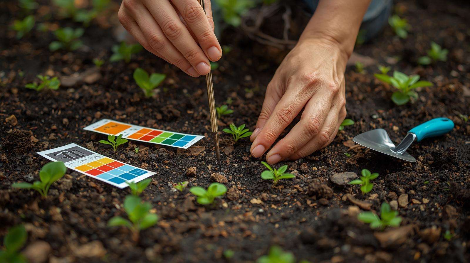 Gardener testing soil nutrients before applying 12-12-12 fertilizer in a garden bed.