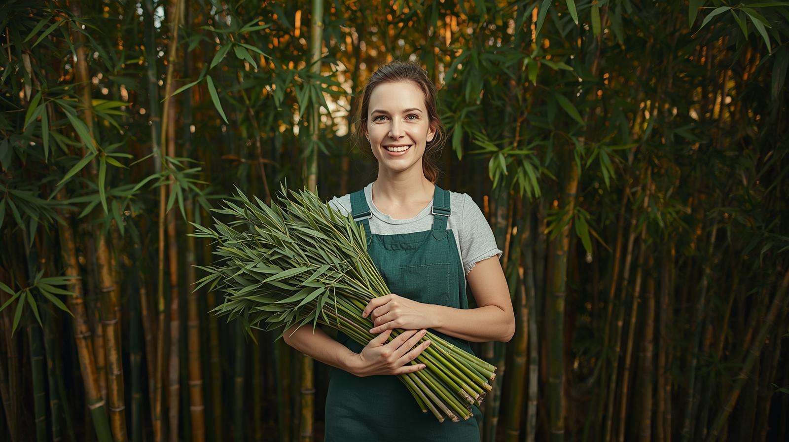Landscaper holding fresh bamboo culms in a thriving grove, showcasing success with bamboo fertilizer.