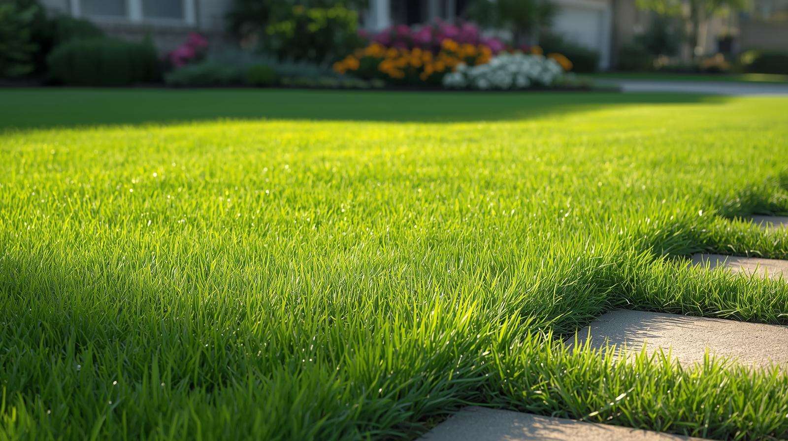 Lush, emerald-green lawn in a suburban front yard, showcasing the results of proper fertilization.