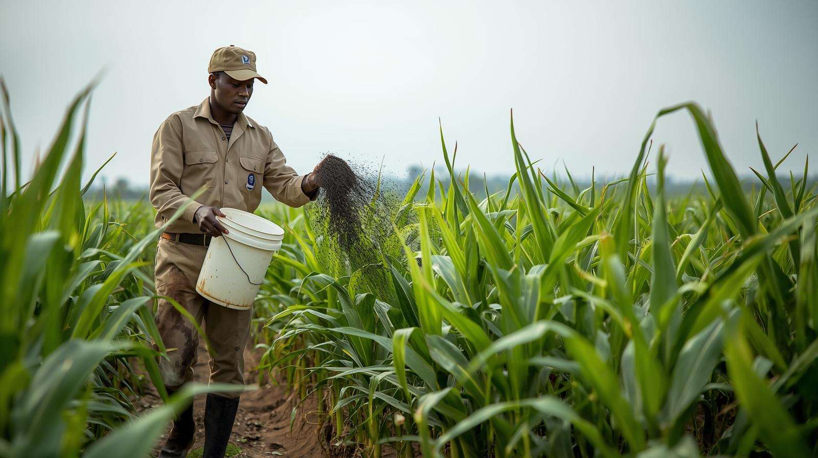V6 top-dress application of 46-0-0 fertilizer in maize field