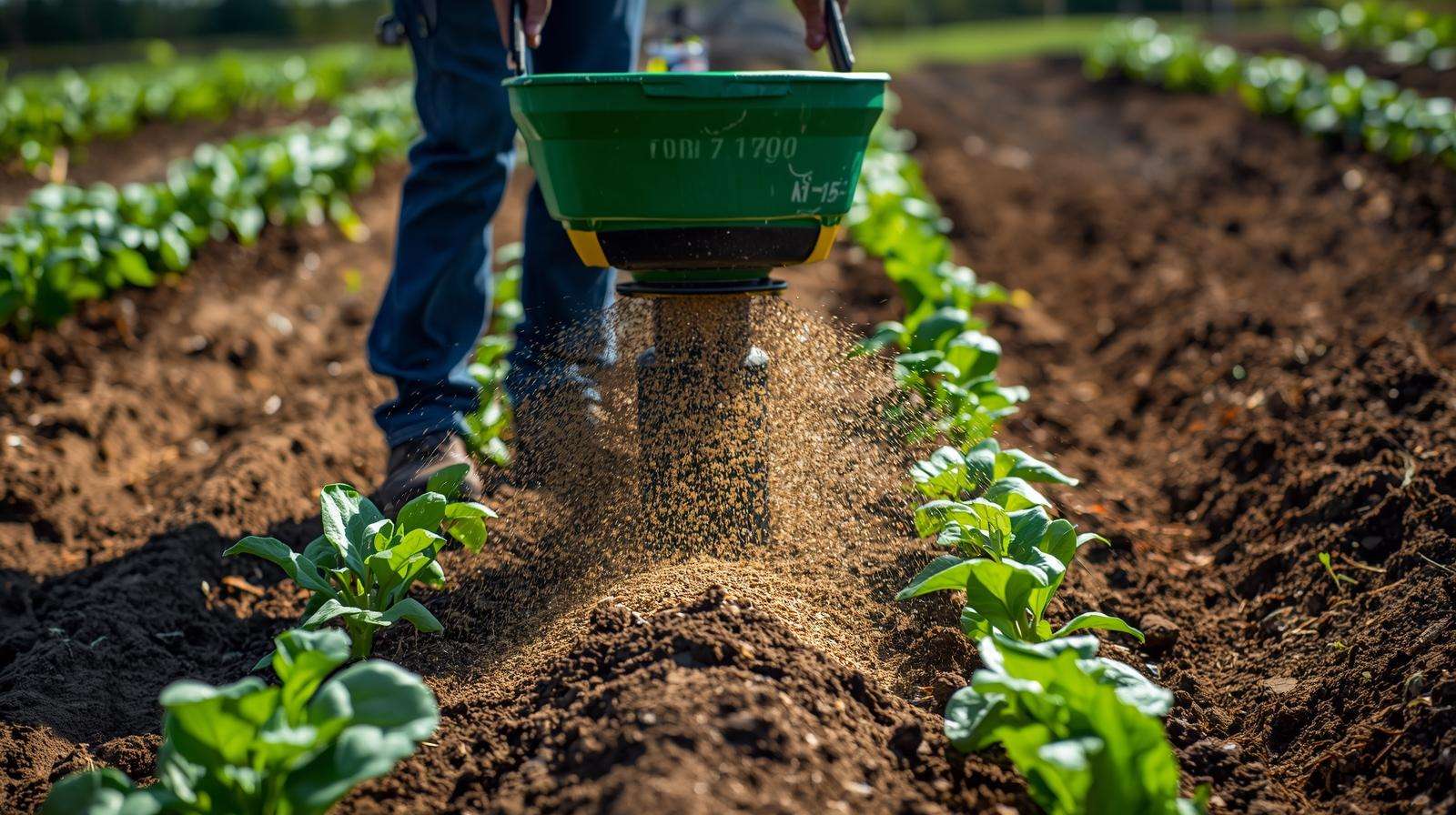 Farmer applying granular 15 15 15 fertilizer to a vegetable garden using a spreader, promoting healthy plant growth.