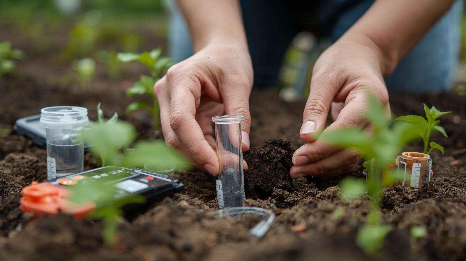 Gardener testing soil pH to optimize using 10-10-10 fertilizer for healthy plant growth.