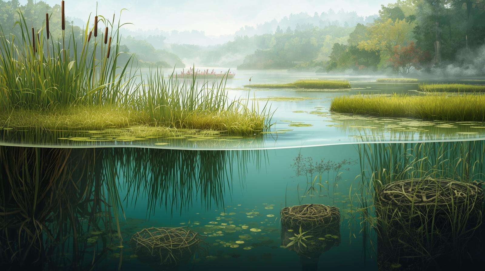 Cross-section of marsh, swamp, and bog with plants in a wetland, highlighting varied wetland types and adaptations.