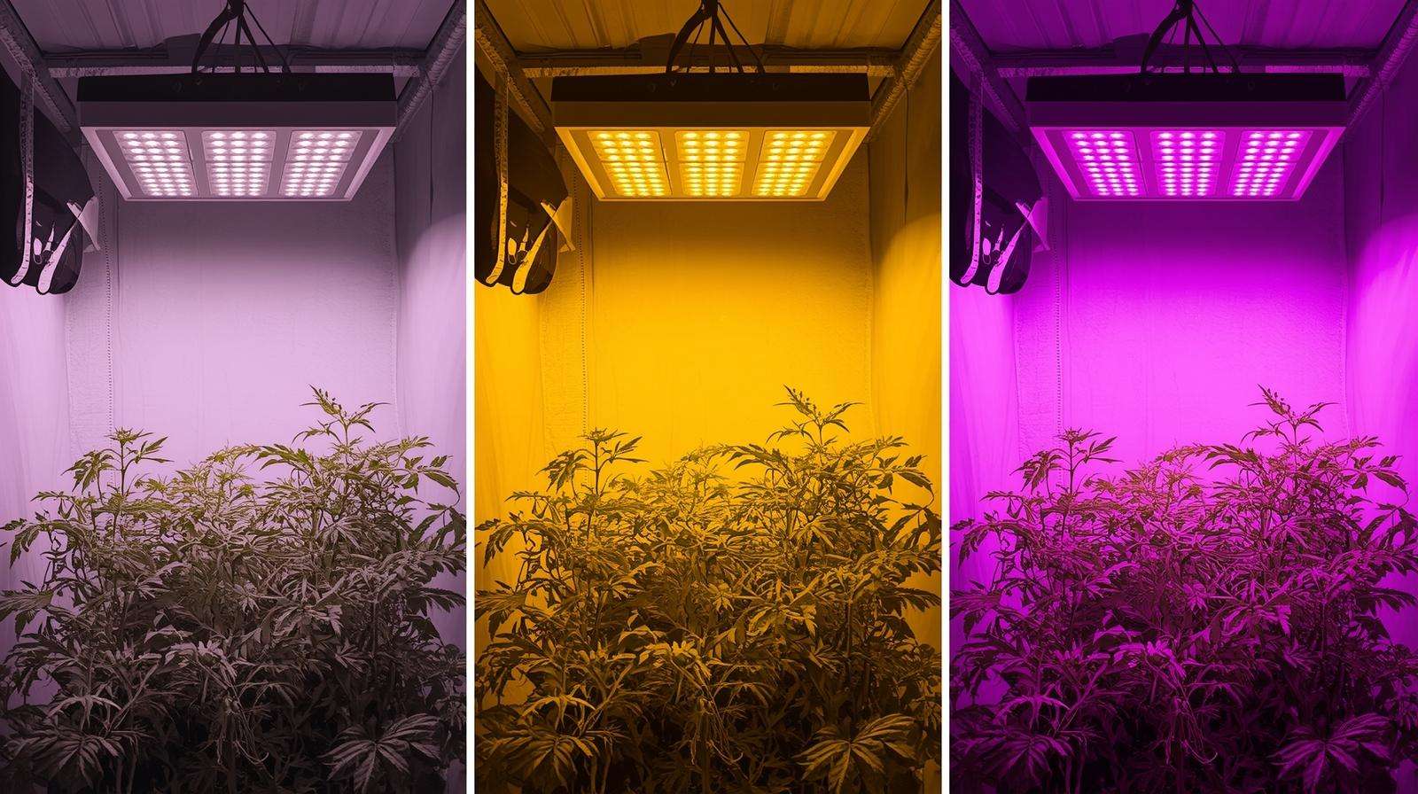Fluorescent, HID, and LED grow lights illuminating a lush indoor tomato garden in a grow tent, showcasing vibrant plants.