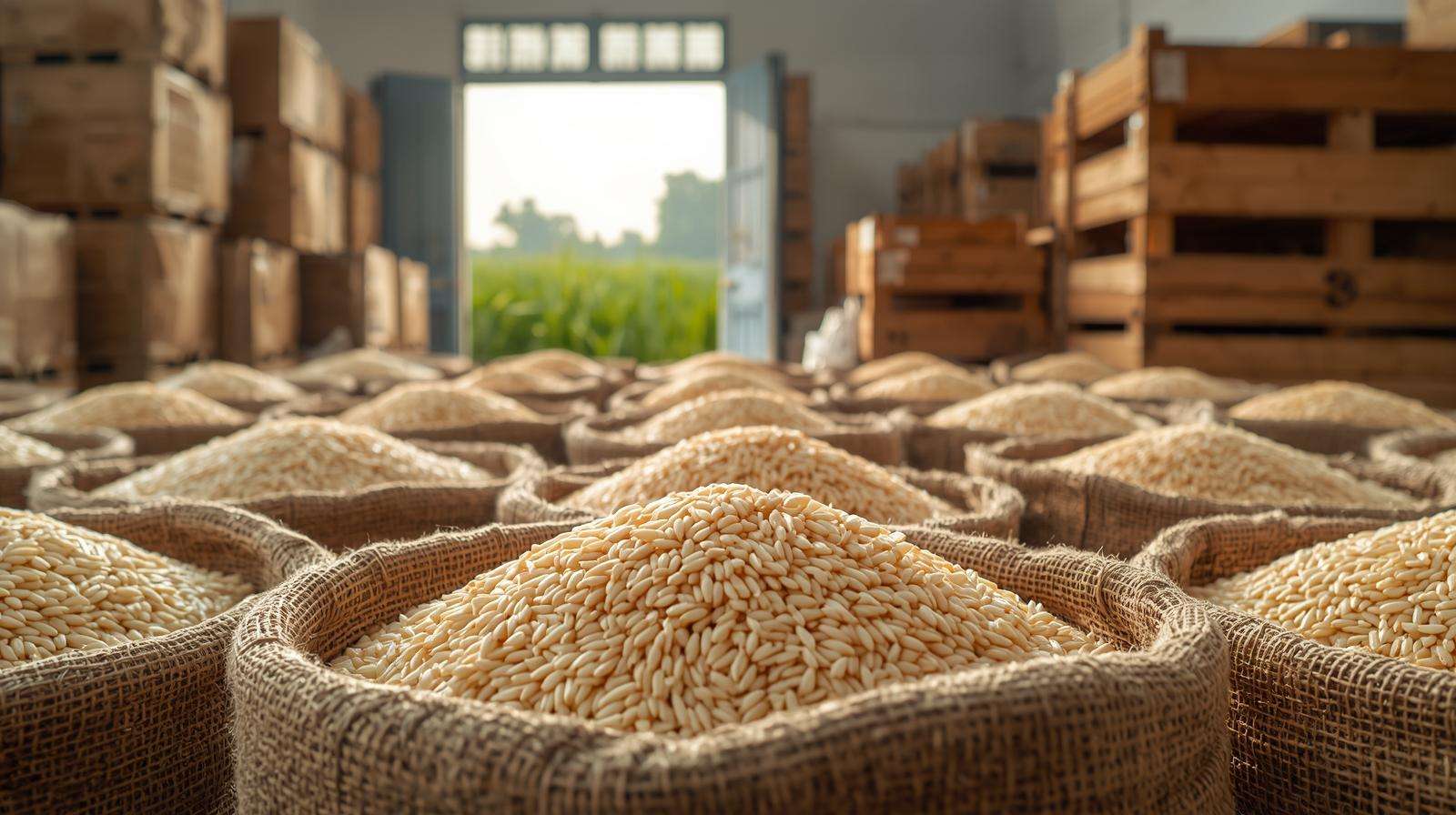 Eco-friendly jute bags of organic basmati rice in a warehouse, emphasizing post-harvest quality storage.