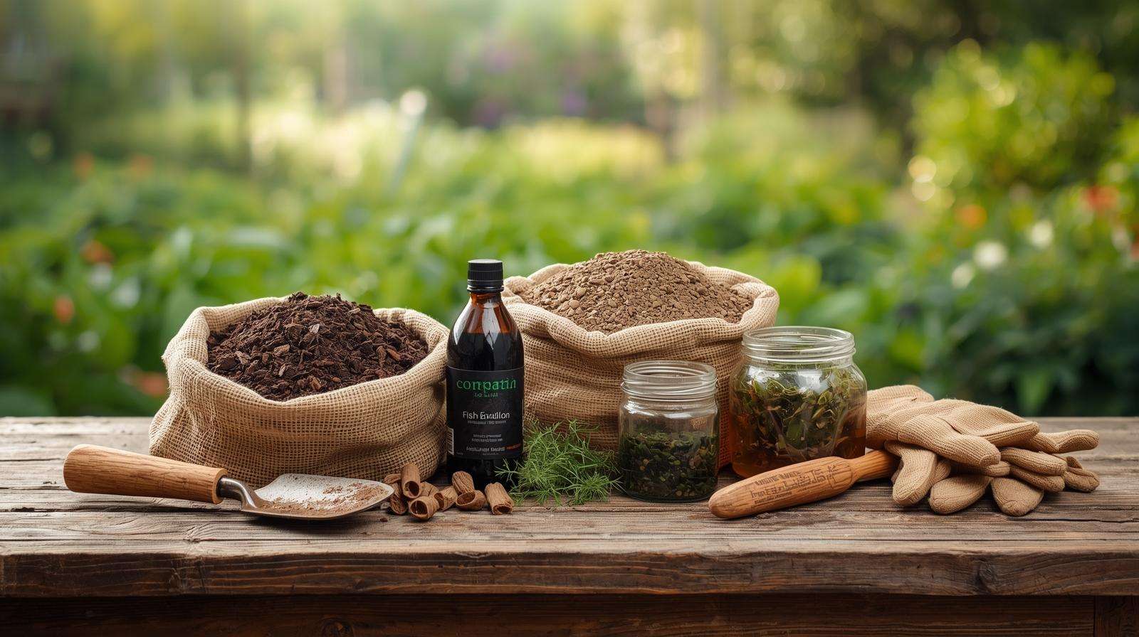 Assortment of organic plant food products like compost and fish emulsion on a wooden table.