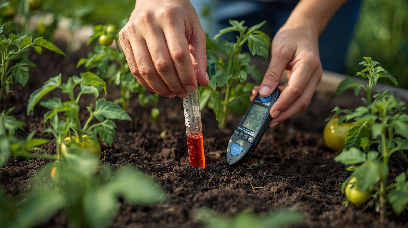Gardener testing soil to optimize using fertilizer high potassium for healthy plant growth.